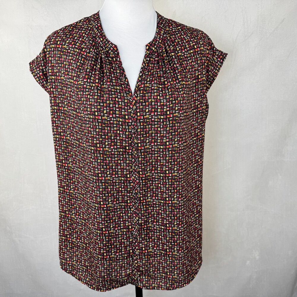 Pleione Women Sz S Black Multicolor Print High-Low Split-Neck Cuffed Cap Sleeve